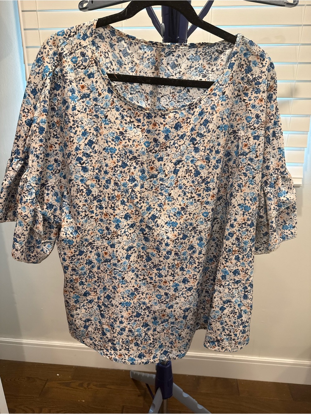 SHEIN White Floral Blouse with Blue Print and Ruffle Sleeves